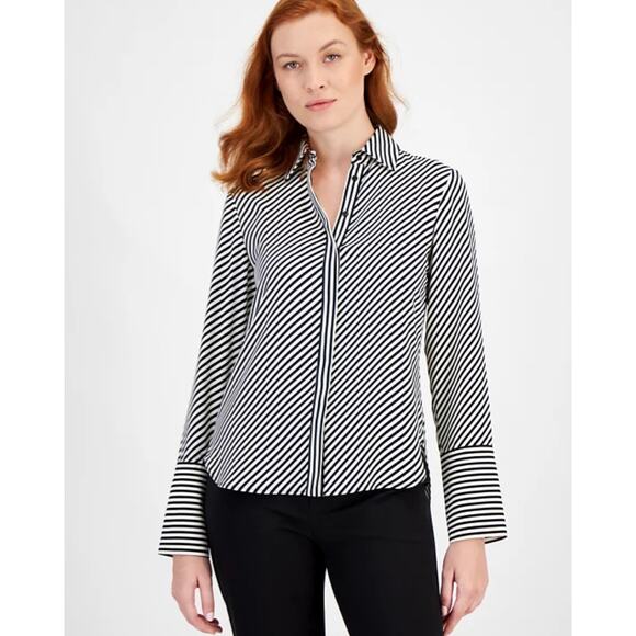 ANNE KLEIN TOP WOMENS XLARGE PRINTED SLIT-CUFF BUTTON-UP BLOUSE BLACK WHITE NEW - Picture 1 of 14